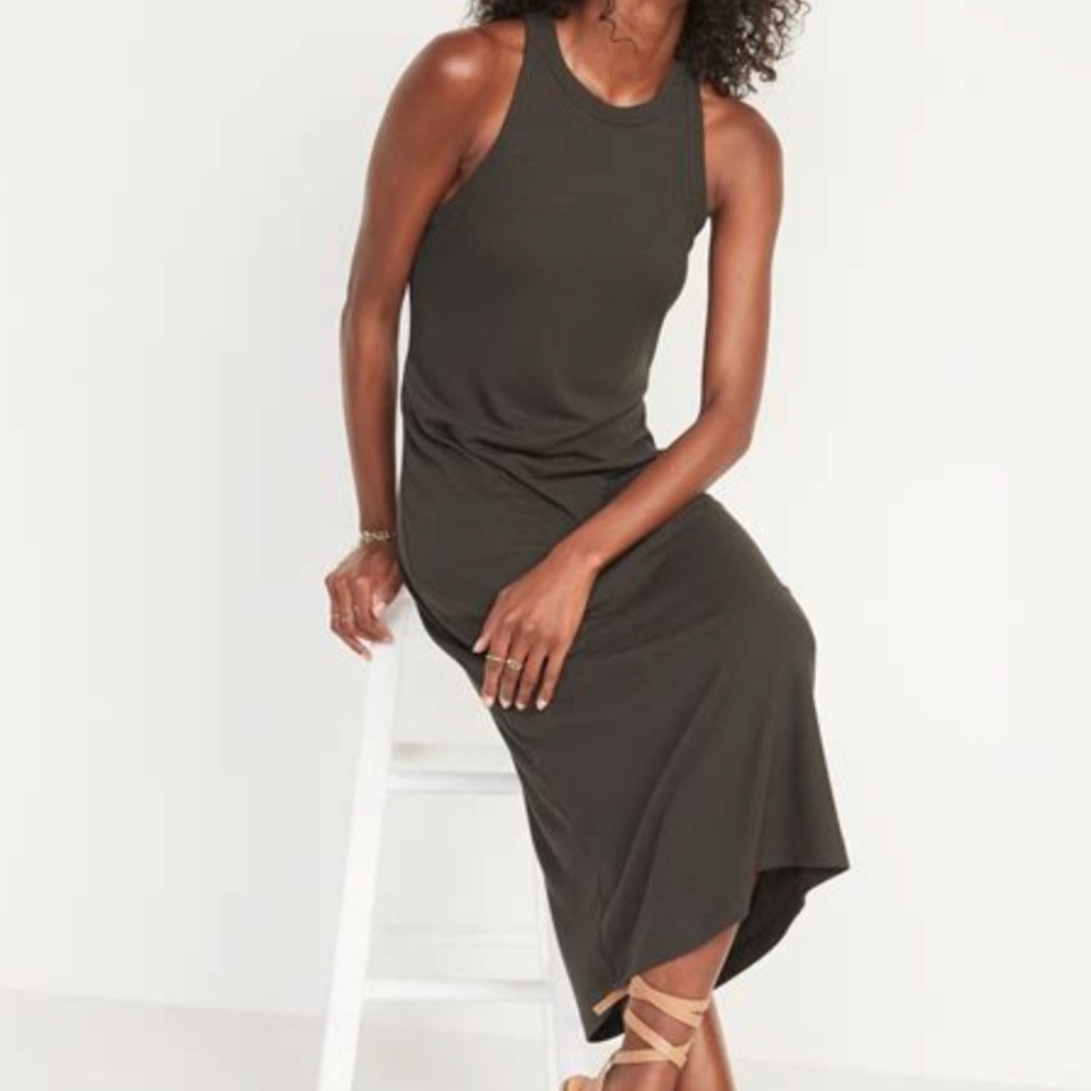 Old Navy Activewear Lined Ribbed Racerback Tank Midi Maxi Dress Olive Green - SP